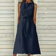 MEICHANG Cotton Linen Sleeveless Dresses for Women 2024 Solid Boat Neck Midi Dresses Plus Size Loose Fit Drawstring Waisted Dresses with Pockets Casual Long Dresses Dark Blue XL