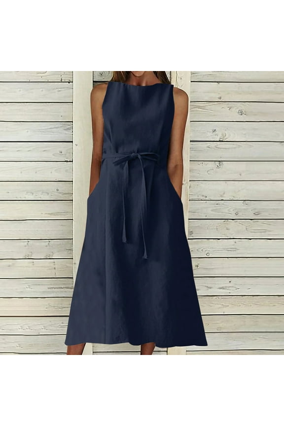 Meichang Cotton Linen Sleeveless Dresses for Women 2024 Solid Boat Neck Midi Dresses Plus Size Loose Fit Drawstring Waisted Dresses with Pockets Casual Long Dresses Dark Blue XL