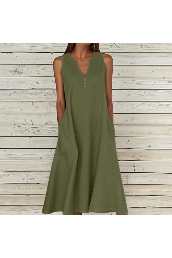 Meichang Cotton Linen Sleeveless Dresses for Women Solid Button V Neck Midi Dresses Plus Size Loose Fit Summer Dresses with Pockets Casual Long Dresses