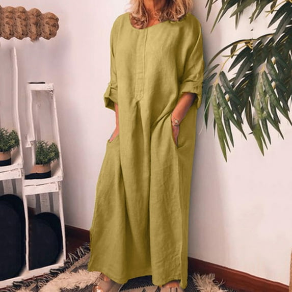 Meichang Cotton Linen Summer Dresses for Women 2024 Vacation Dresses Solid Crew Neck Long Sleeve Maxi Dresses Oversized Loose Fit Work Dresses with Pockets Yellow S