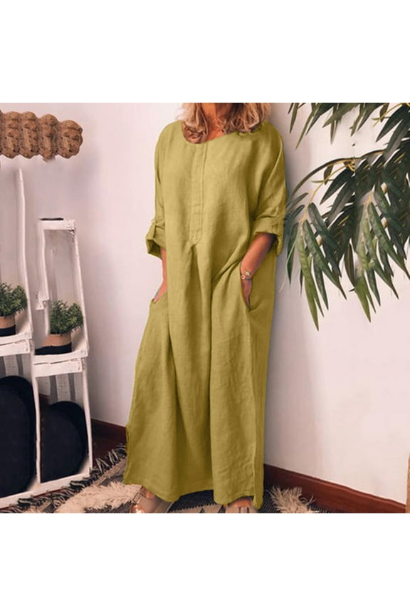 Cotton Linen Summer Dresses for Women 2024 Vacation Dresses Solid Crew Neck Long Sleeve Maxi Dresses Oversized Loose Fit Work Dresses with Pockets Yellow XL