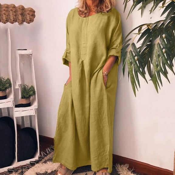 Meichang Cotton Linen Summer Dresses for Women 2024 Vacation Dresses Solid Crew Neck Long Sleeve Maxi Dresses Oversized Loose Fit Work Dresses with Pockets Yellow XL