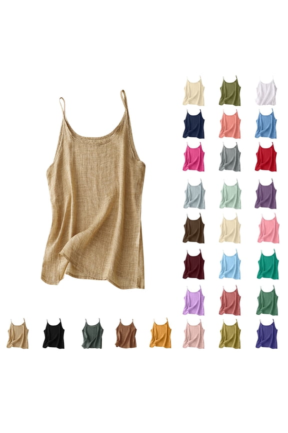 Cotton Linen Tank Tops for Women Spaghetti Strap Loose Fit Sleeveless Cami Shirts Casual Lightweight Summer Camisole Tops
