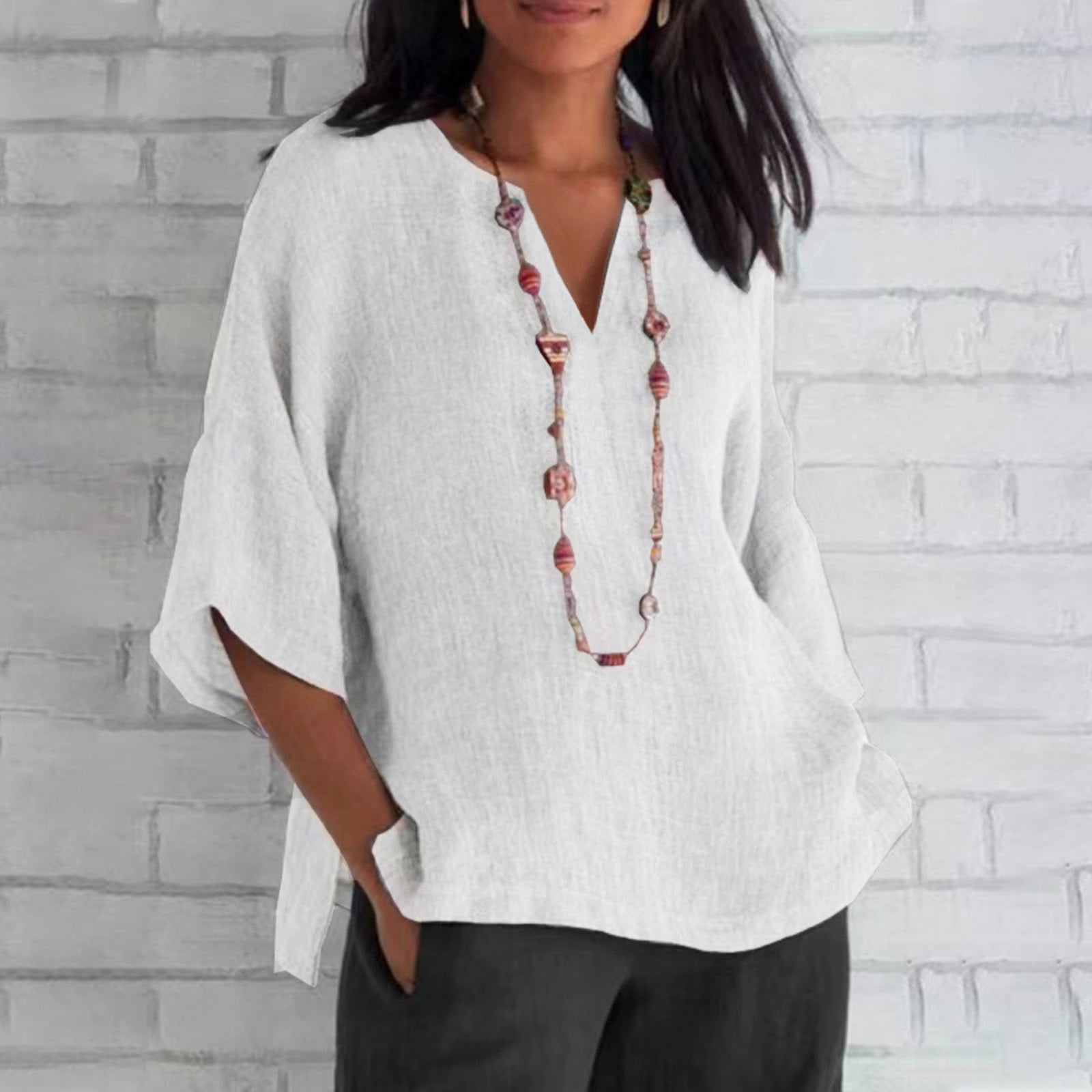 Meichang Cotton Linen Tops for Women 3/4 Sleeve V Neck T Shirts Shirts ...