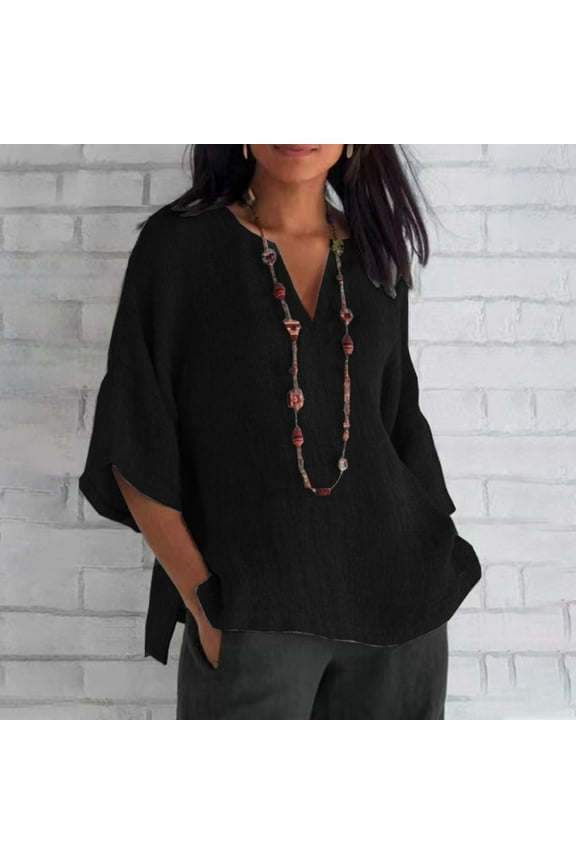 Meichang Cotton Linen Tops for Women 3/4 Sleeve V Neck T Shirts Shirts Casual Solid Blouses Loose Fit Oversized T Shirts Pullover Tops Lightweight Going Out Blouses
