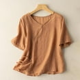 thumbnail image 1 of Meichang Cotton Linen Tops for Women Casual Summer Short Sleeve Round Neck T-Shirts Retro Loose Fit Solid Tee Shirts Flowy Vacation Crop Blouses Orange L, 1 of 4