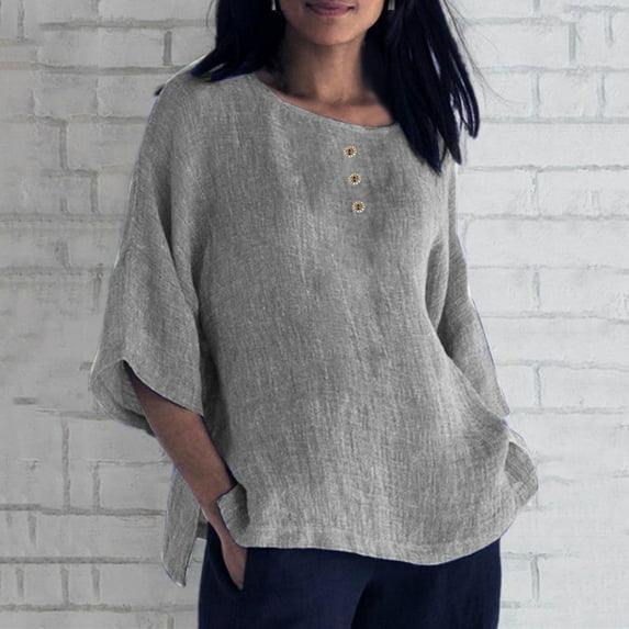 Meichang Cotton Linen Tops for Women Plus Size 3/4 Sleeve Crewneck Tunic Blouses Dressy Casual Solid Shirts Summer Loose Fit Side Split T Shirts Ladies Summer Clothes