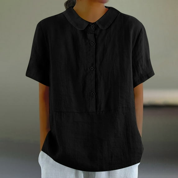 Meichang Cotton Linen Tops for Women Solid Lapel Babydoll Neck T Shirts Button Short Sleeve Loose Fit Blouses Basic Casual Work Tops Black S
