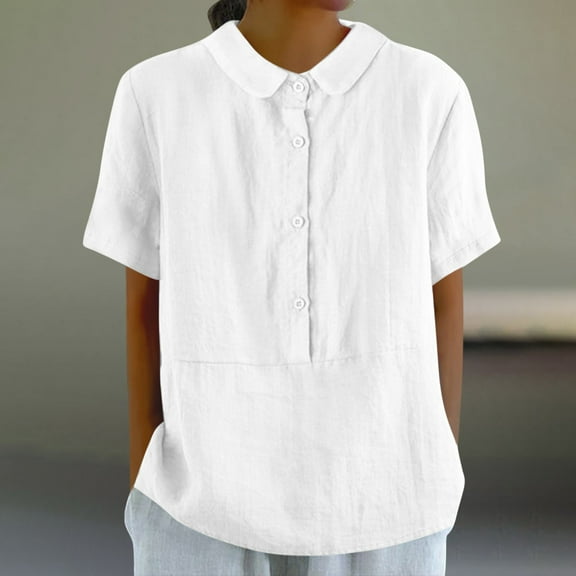Meichang Cotton Linen Tops for Women Solid Lapel Babydoll Neck T Shirts Button Short Sleeve Loose Fit Blouses Basic Casual Work Tops White XXL