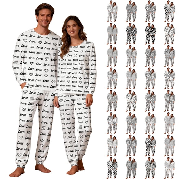 Meichang Couples Pajamas Matching Sets Valentines Day Pajamas 2 Piece Outfit Love Heart Print Long Sleeve PJ Top with Bottom Sleepwear Gifts for Couples