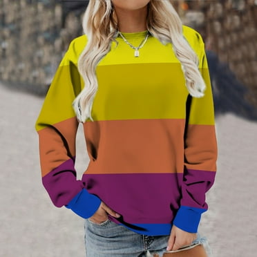 Meichang Crewneck Sweatshirt for Women's Color Block Long Sleeve Shirts Casual Pullover Tops Fashion Lightweight Sweatshirts