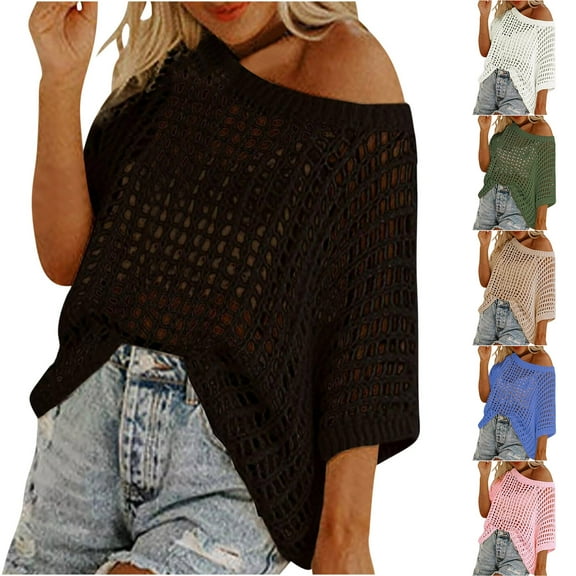 Meichang Crochet Sweaters for Women Short Sleeve Crew Neck Hollow Out Knit Pullover Loose Beach Cover Sweater Jumpers Tops