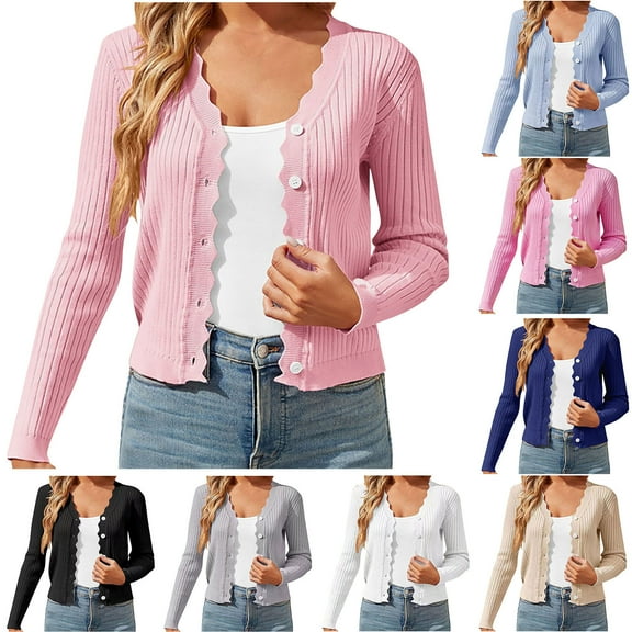 Meichang Cropped Cardigan Sweaters for Women Lightweight Long Sleeve Open Front Button Down Cardigan Fall Loose Fit Ribbed Knit Cardigans