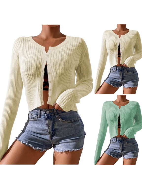 Cropped Cardigan Sweaters for Women Long Sleeve Ribbed Knit Cardigans Open Front Button Down Fall Cardigan Beige S