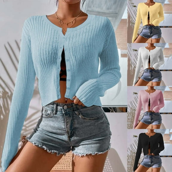 Meichang Cropped Cardigan Sweaters for Women Long Sleeve Ribbed Knit Cardigans Open Front Button Down Fall Cardigan