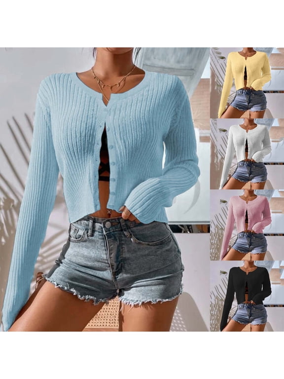 Cropped Cardigan Sweaters for Women Long Sleeve Ribbed Knit Cardigans Open Front Button Down Fall Cardigan