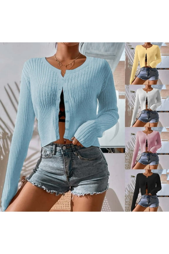 Cropped Cardigan Sweaters for Women Long Sleeve Ribbed Knit Cardigans Open Front Button Down Fall Cardigan