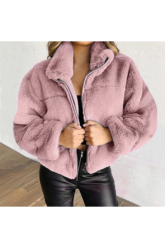 Cropped Faux Fur Jacket Women Petite Open Front Long Sleeve Stand Collar Short Coat Winter Warm Sherpa Fleece Jacket Outerwear Pink S