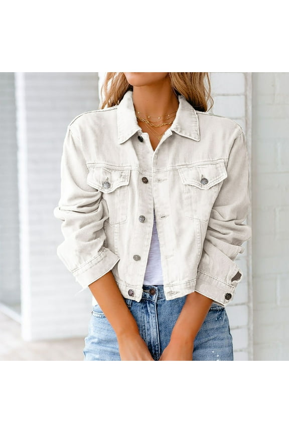 Cropped Jean Jackets for Women Fashion Short Denim Shacket Jacket Lapel Long Sleeve Washed Button Down Jean Jacket Coat with Pockets White XL