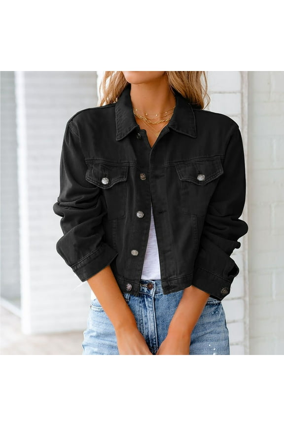 Cropped Jean Jackets for Women Fashion Short Denim Shacket Jacket Lapel Long Sleeve Washed Button Down Jean Jacket Coat with Pockets Black M