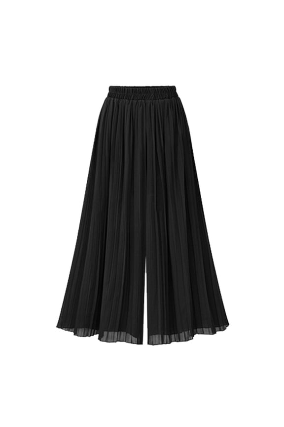 Culottes for Women Plus Size Solid Elastic Waist A-Line Pleated Chiffon Cropped Wide Leg Pants Loose Casual Flowy Palazzo Pants Black L