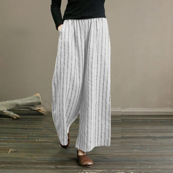 Meichang of the Day, Striped Linen Pants Women Plus Size Loose Fit Wide Leg Pants Elastic Waisted Casual Palazzo Pants with Pockets Work Pants for Women White M