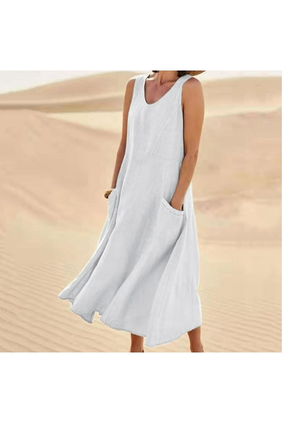 Dresses For Women 2025 Casual Cotton Linen Maxi Dresses Sleeveless U Neck Swing Dress Beach Vacation Loose Fit Long Sundresses with Pockets