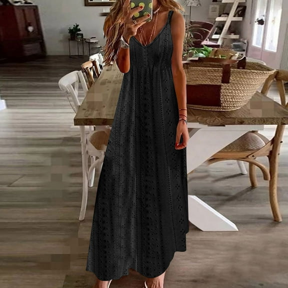 Meichang Dresses for Women 2024 Summer Boho Eyelet Spaghetti Strap Dresses V-Neck Camisole Dresses Flowy Beach Vacation Maxi Dresses Vestidos Para Mujer Casuales Black M