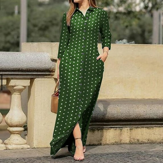 Meichang Dresses for Women Long Sleeve Collar Button Down Maxi Shirt Dresses Trendy Polka Dot Print Long Beach Dresses with Pockets Green XXL