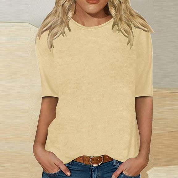 Meichang Elbow Sleeve Tops Women Basic Solid Crew Neck Shirts 3/4 Sleeve Loose Fit T Shirts Dressy Casual Three Quarter Length Tunic Tops