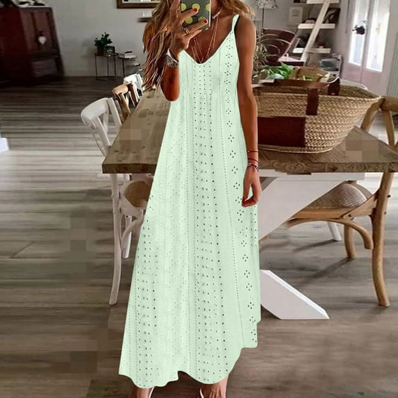 Meichang Eyelet Dresses for Women 2024 Summer Spaghetti Strap Dresses V-Neck Camisole Dresses Flowy Beach Vacation Maxi Dresses Vestidos Para Mujer Casuales Mint Green XXL