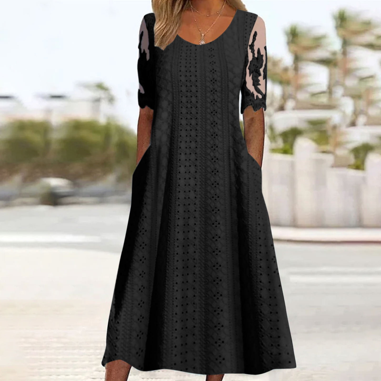 Meichang Eyelet Dresses Women Lace Short Sleeve Scoop Neck Midi Dresses  Solid Color Loose Fit Casual Flowy Work Dresses with Pockets Black XXL -  Walmart.com