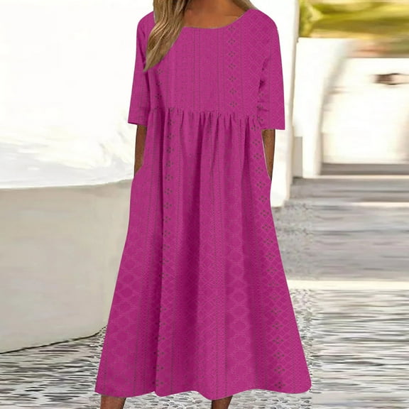 Meichang Eyelet Dresses for Women Solid Loose FIr Crew Neck Short Sleeve Midi Dresses Folwy Summer Beach Dresses with Pockets Work Dresses for Women Hot Pink XXL