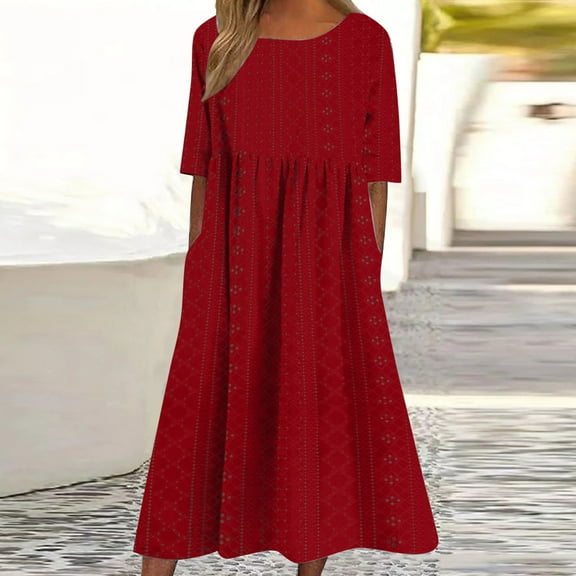 Meichang Eyelet Dresses for Women Solid Loose FIr Crew Neck Short Sleeve Midi Dresses Folwy Summer Beach Dresses with Pockets Work Dresses for Women Red XL
