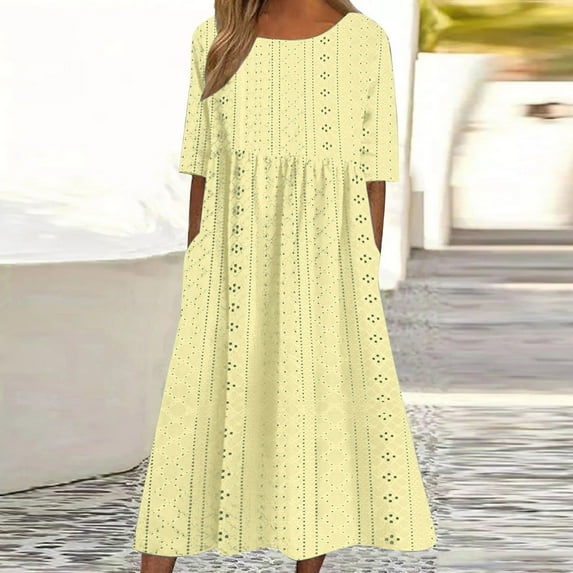 Meichang Eyelet Dresses for Women Solid Loose FIr Crew Neck Short Sleeve Midi Dresses Folwy Summer Beach Dresses with Pockets Work Dresses for Women Yellow M