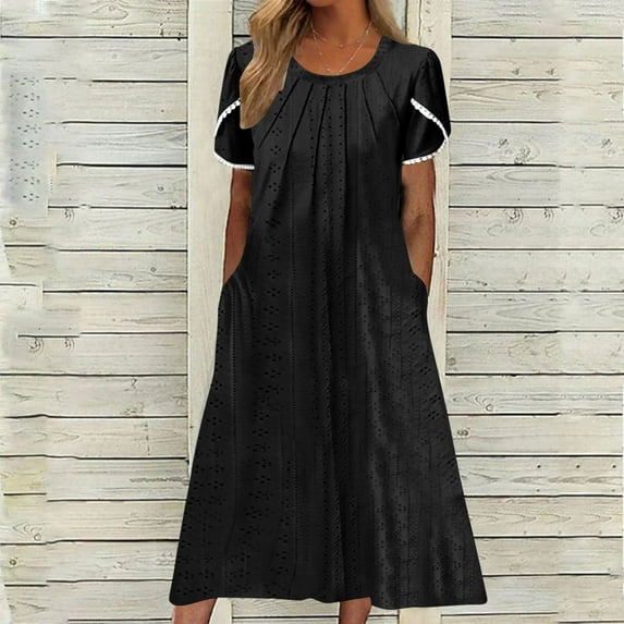 Meichang Eyelet Dresses for Women Summer Crew Neck Pleated Short Sleeve Midi Dresses Solid Color Flowy Dresses Loose Fit Casual Beach Dresses with Pockets Black S