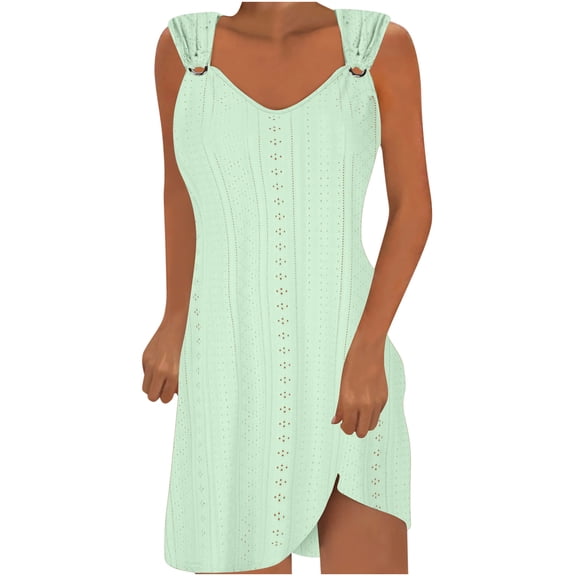 Meichang Eyelet Dresses for Women O Ring Shoulder Scoop Neck Dresses Solid Sleeveless Mini Dresses Dressy Casual Flowy Beach Dresses Mint Green L
