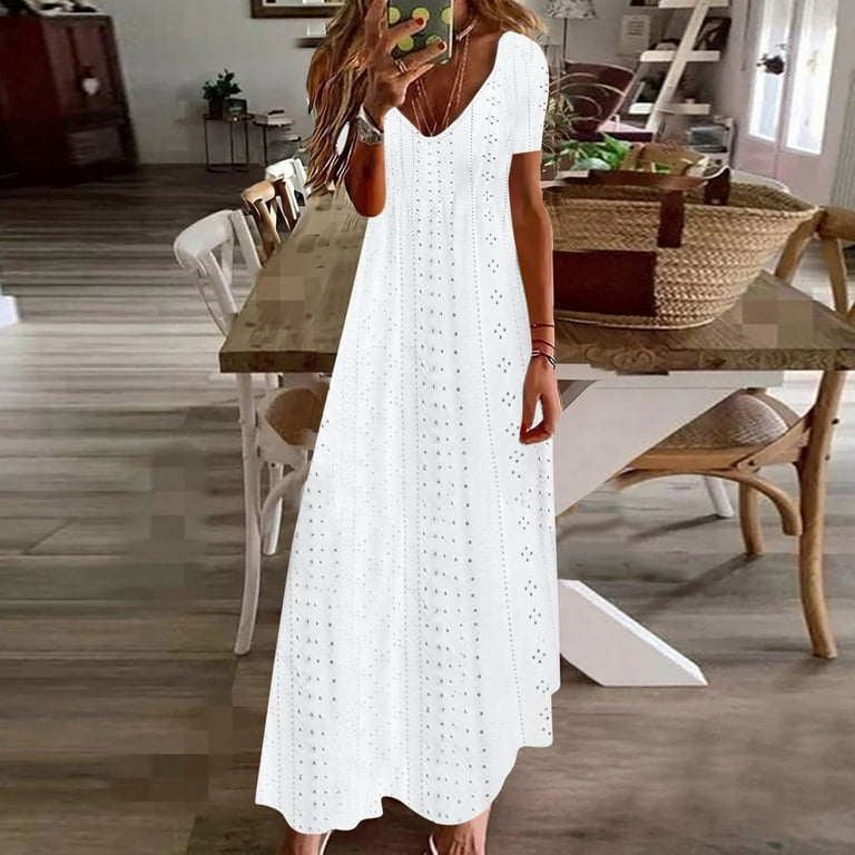 Meichang Eyelet Dresses for Women V Neck Short Sleeve Maxi Dresses