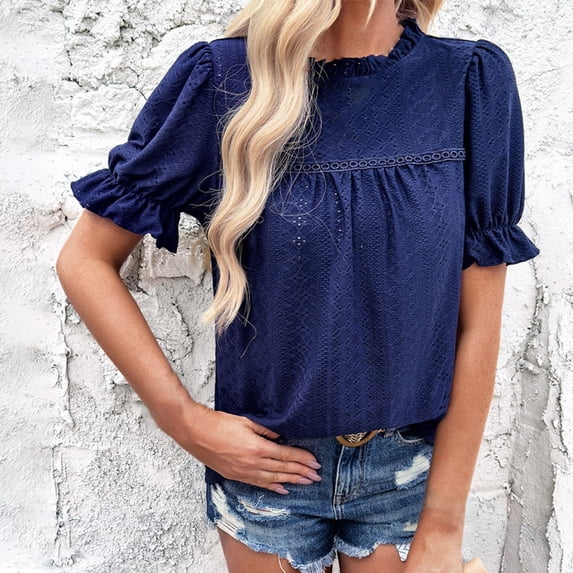 Meichang Eyelet Embroidery Short Sleeve T Shirts Women Solid Ruffle Trim Crew Neck Tees Shirts Puff Sleeve Loose Fit T-Shirts Dressy Casual Work Blouses Navy M