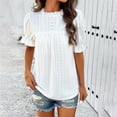 thumbnail image 1 of Meichang Eyelet Embroidery Short Sleeve T Shirts Women Solid Ruffle Trim Crew Neck Tees Shirts Puff Sleeve Loose Fit T-Shirts Dressy Casual Work Blouses White XL, 1 of 8