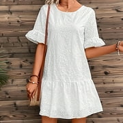 Meichang Eyelet Summer Dresses for Women Crew Neck Short Sleeve Ruffle Dresses Solid Color Loose Fit Mini Dresses Casual Flowy Sundresses Beach Dresses for Women 2024 Vacation