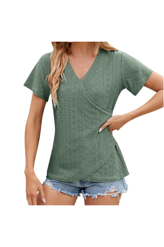 Eyelet Tops for Women V Neck Short Sleeve Summer T Shirts Dressy Casual Loose Fit Plus Size Top Comfy Lightweight Wrap Tshirts