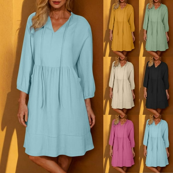 Meichang Fall Dresses for Women 3/4 Sleeve Drawstring V Neck A-Line Knee Length Dress Casual Solid Loose Fit Pleated Beach Dresses