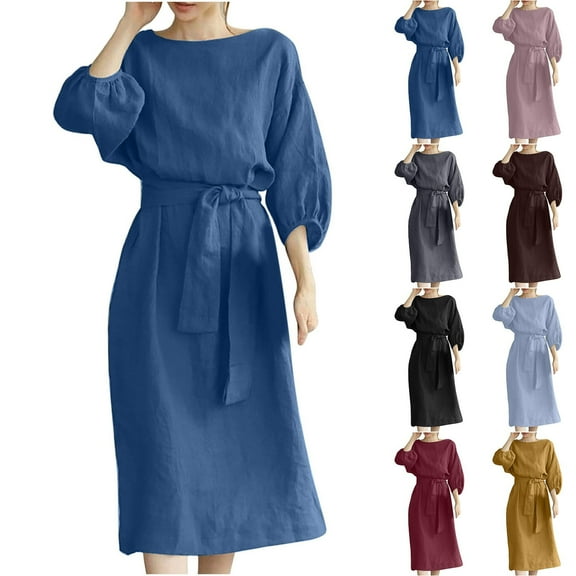 Meichang Fall Dresses for Women Long Sleeve Crew Neck Midi Dress with Tie Waisted A-Line Dresses Casual Solid Loose Fit Beach Dresses