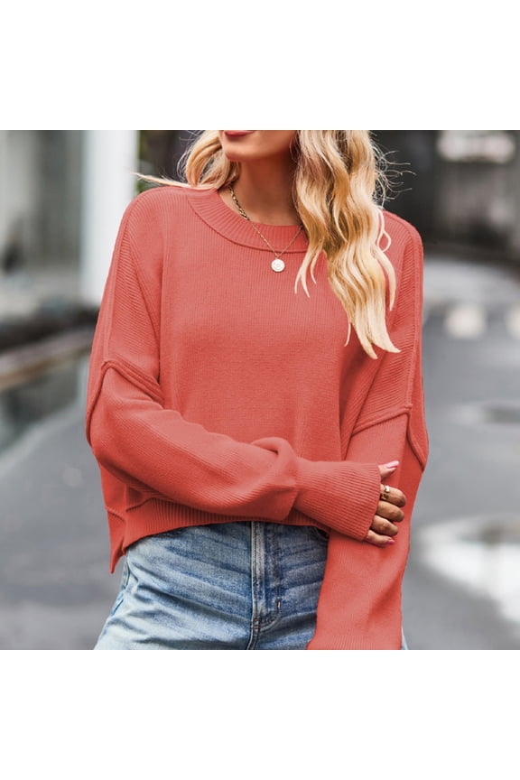 Fall Sweaters for Women 2024 Long Sleeve Crew Neck Loose Fit Knit Pullover Tops Solid Winter Chunky Sweaters Jumpers Tops Watermelon Red S