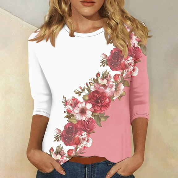 Meichang Fall Tops for Women 3/4 Sleeve Floral Print T Shirts Casual Crew Neck Three Quarter Length Sleeve Loose Fit Blouse
