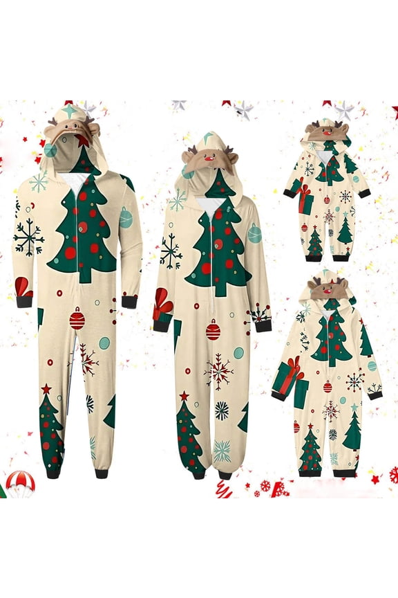 Family Christmas Pajamas Matching Hooded Onesie Long Sleeve Romper Xmas Print Cozy Sleepwear Outfit
