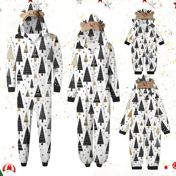 Meichang Family Christmas Pajamas Matching Sets Hooded Onesie Long Sleeve Jumpsuit with Holiday Print Matching Family