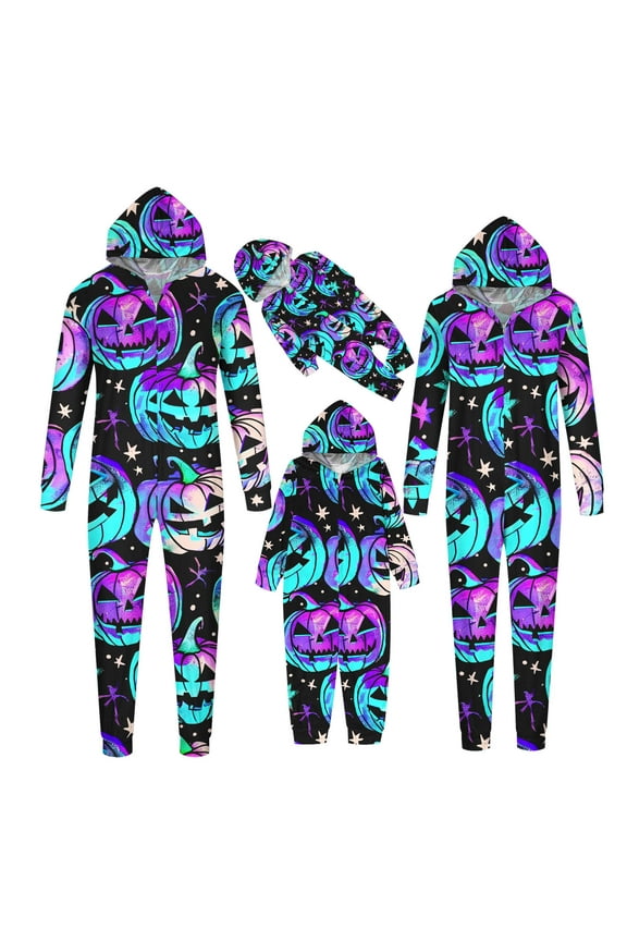 Family Halloween Pajamas Matching Sets One-Piece Onesie Halloween Pumpkin Printed Loungewear Funny Zipper Hooded Jumpsuit Pjs for Dad
