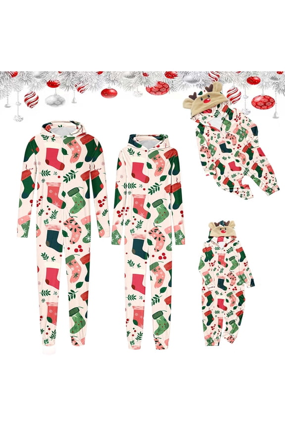 Family Matching Christmas Onesie Hooded Long Sleeve Romper Pajama Set Holiday Print Matching Family Sleepwear